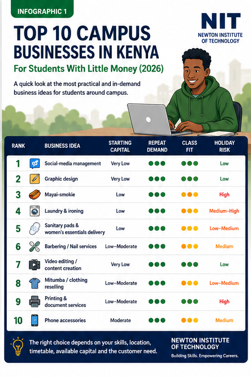 Top 10 campus businesses in Kenya for students with little money in 2026 by Newton Institute of Technology