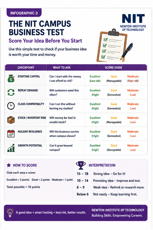Newton Institute of Technology Campus Business Test for checking startup capital, repeat demand, class fit, stock risk, holiday resilience and growth potential
