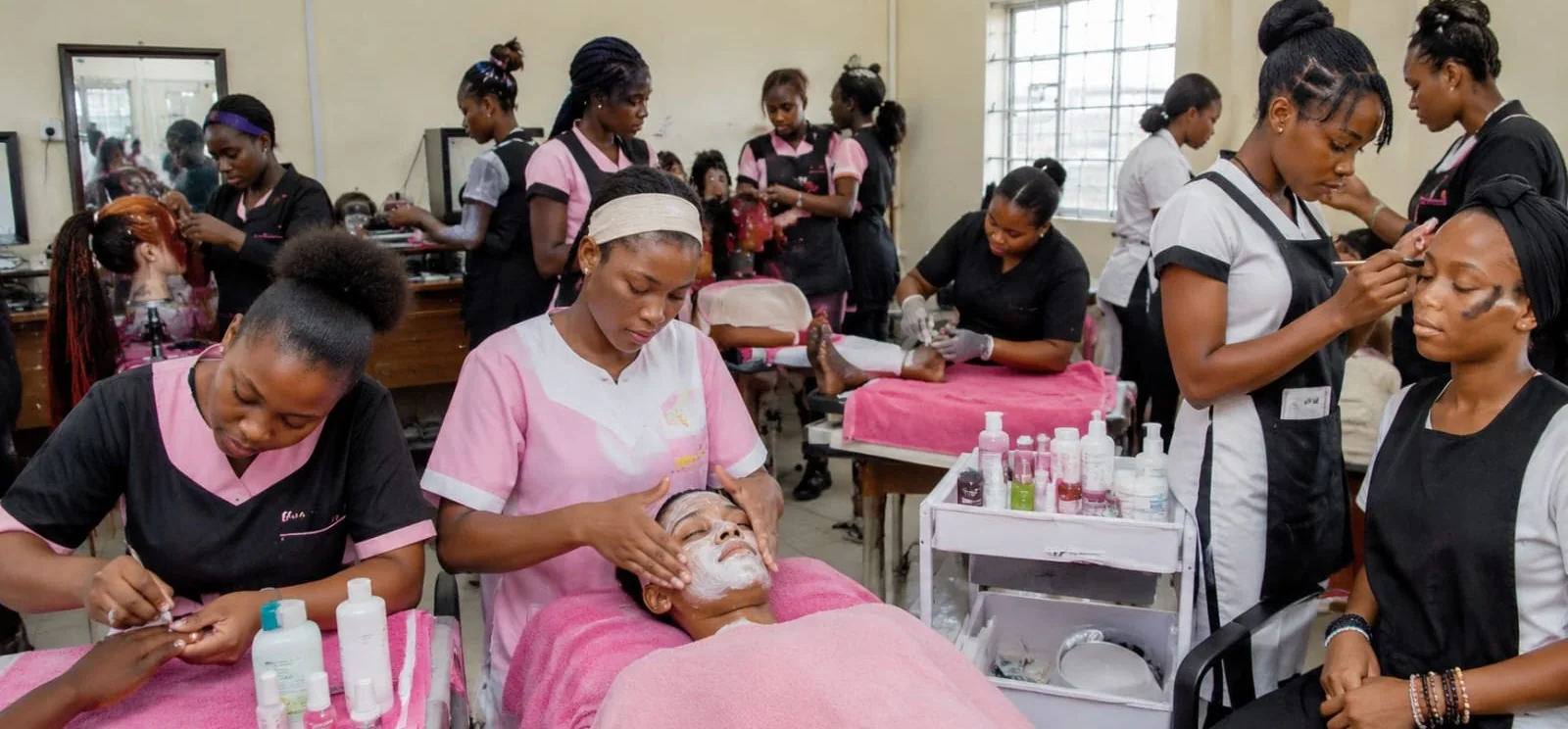 Beauty therapy students practising facial treatments, nail care and makeup in a salon-based training room
