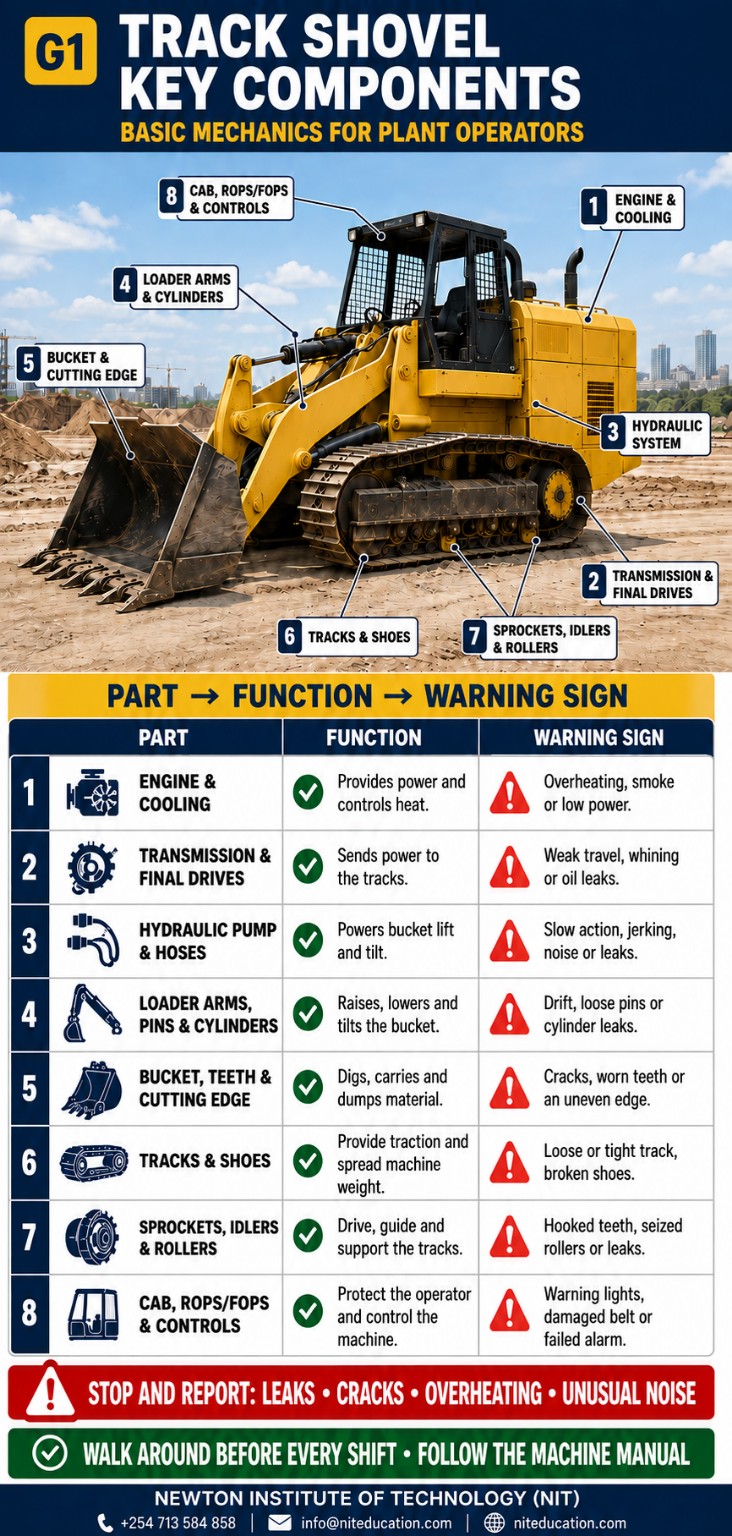 G1 track shovel key components infographic showing engine and cooling, transmission and final drives, hydraulic system, loader arms, bucket, tracks, sprockets, idlers, rollers, cab and controls