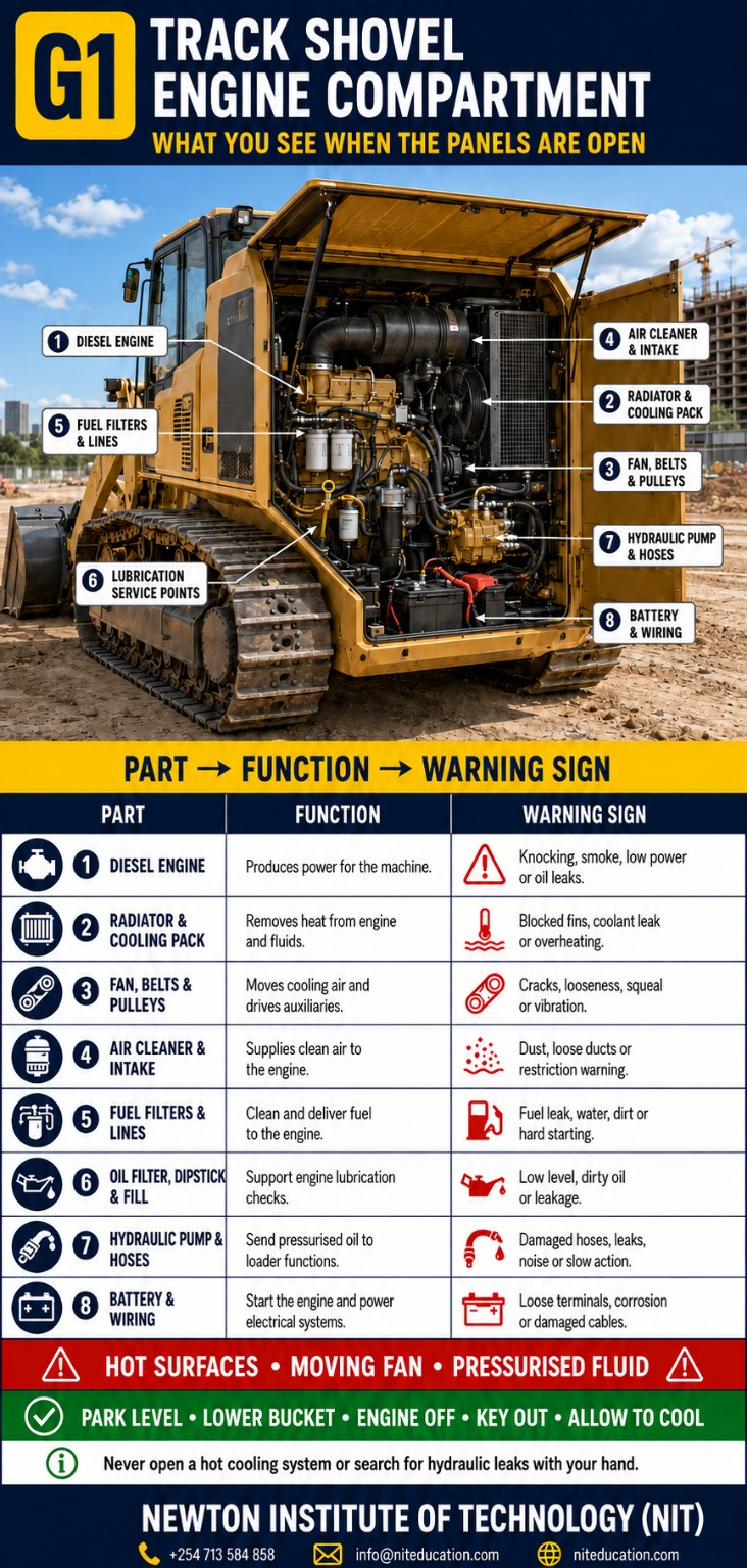 G1 track shovel engine compartment infographic showing diesel engine, radiator and cooling pack, fan belts and pulleys, air cleaner, fuel filters, lubrication service points, hydraulic pump and battery wiring