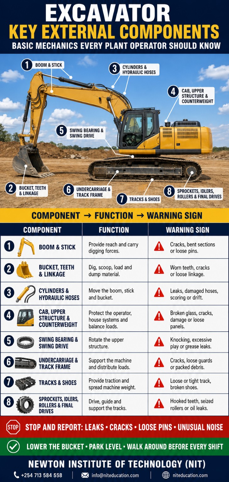 Labelled excavator external parts showing each component's function and an operator warning sign