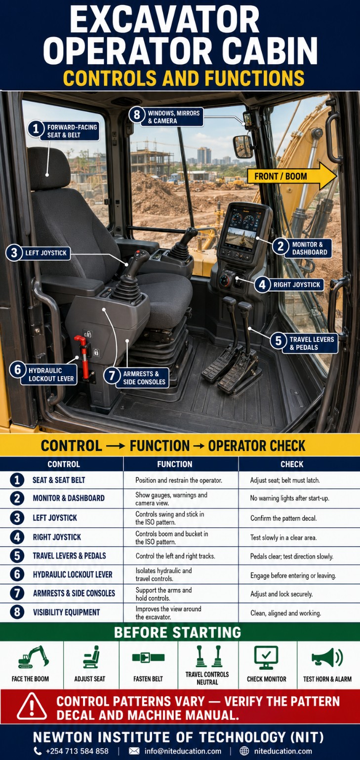 Inside an excavator cab showing the seat, joysticks, travel pedals, monitor and safety controls