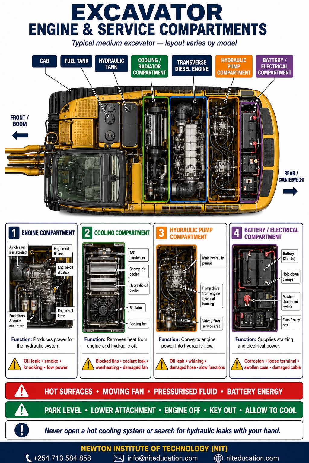 Open excavator engine compartment showing the engine, hydraulic pumps, cooling system, filters, battery and piping