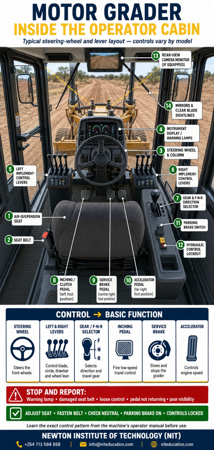 Inside a motor grader operator cabin showing the seat, seat belt, steering wheel, display, implement levers, direction selector, pedals, parking brake and hydraulic lockout
