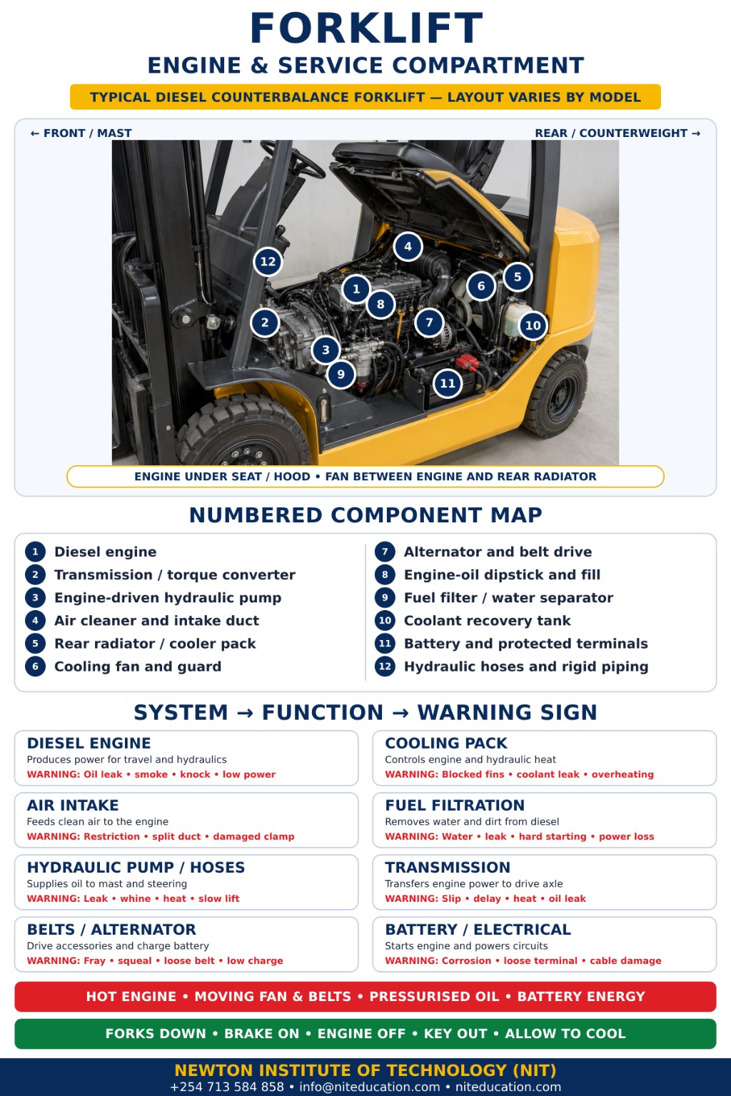 Forklift engine and service compartment infographic showing diesel engine, transmission, hydraulic pump, cooling pack, filters, battery and hoses