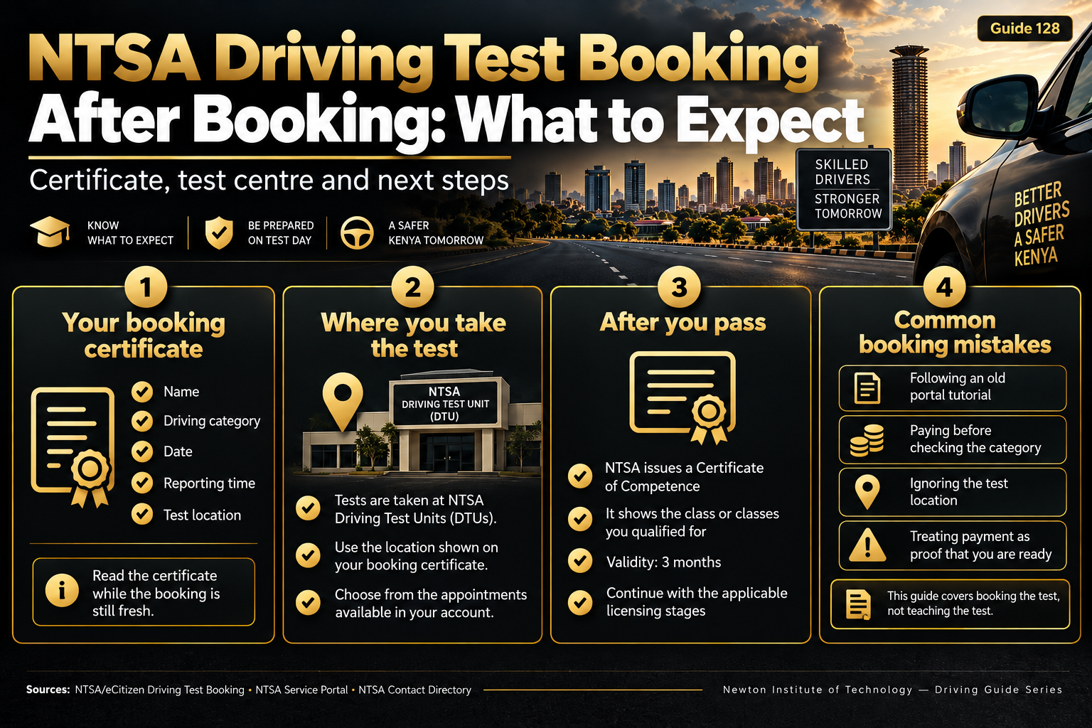 NTSA driving test booking after booking infographic showing booking certificate checks, Driving Test Unit, Certificate of Competence and common booking mistakes