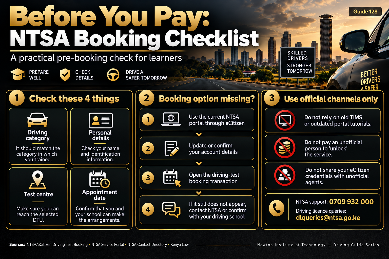 NTSA booking checklist infographic showing driving category, personal details, test centre, appointment date, missing booking option and official contact guidance