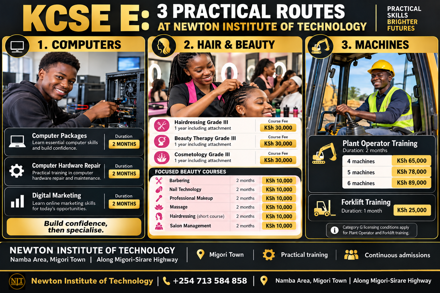 Three practical routes for KCSE E learners at Newton Institute of Technology: computers, hair and beauty, and machines