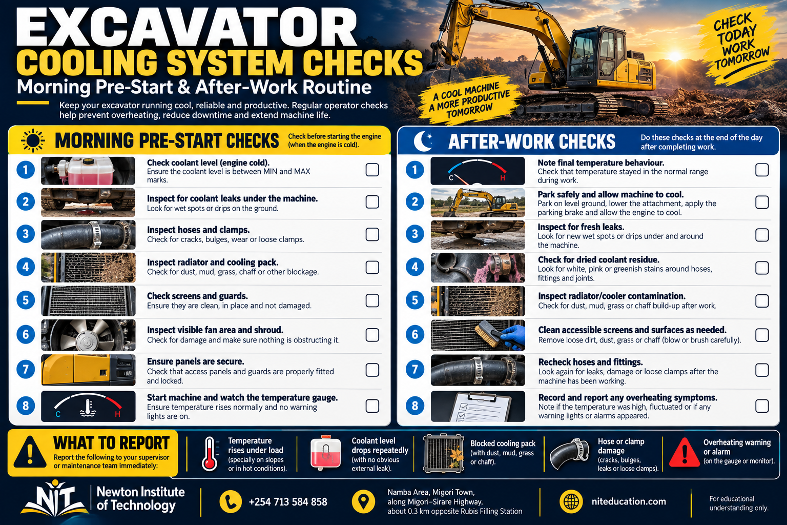 Excavator cooling system morning pre-start and after-work checks for plant operators