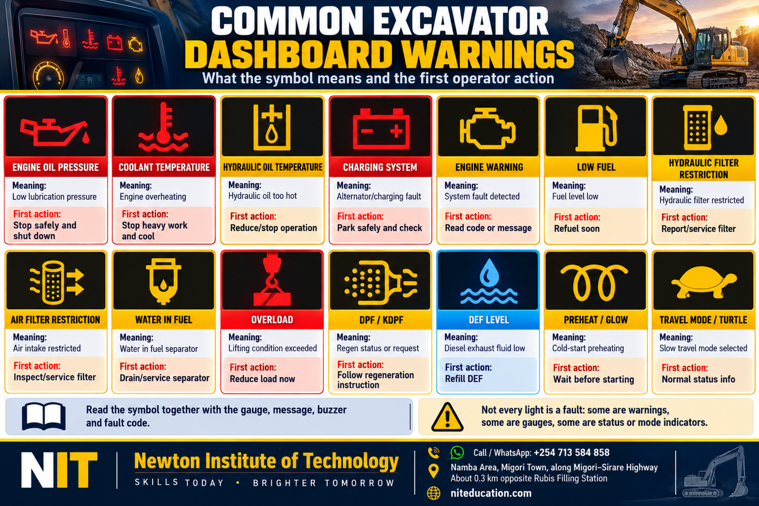 Common excavator dashboard warning lights showing engine oil pressure, coolant temperature, hydraulic oil temperature, charging system, engine warning, fuel, filters, water in fuel, overload, DPF, DEF, preheat and travel mode with first operator actions