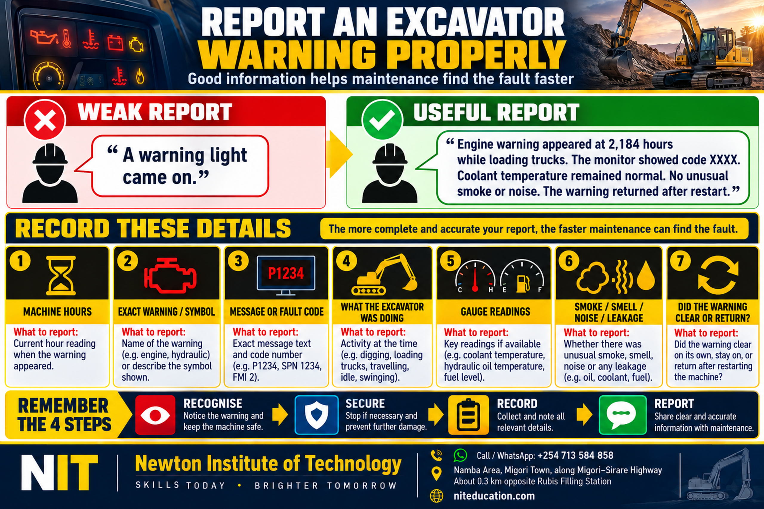 Excavator warning reporting guide showing machine hours, exact warning, fault code, activity, gauge readings, unusual symptoms and whether the warning returned