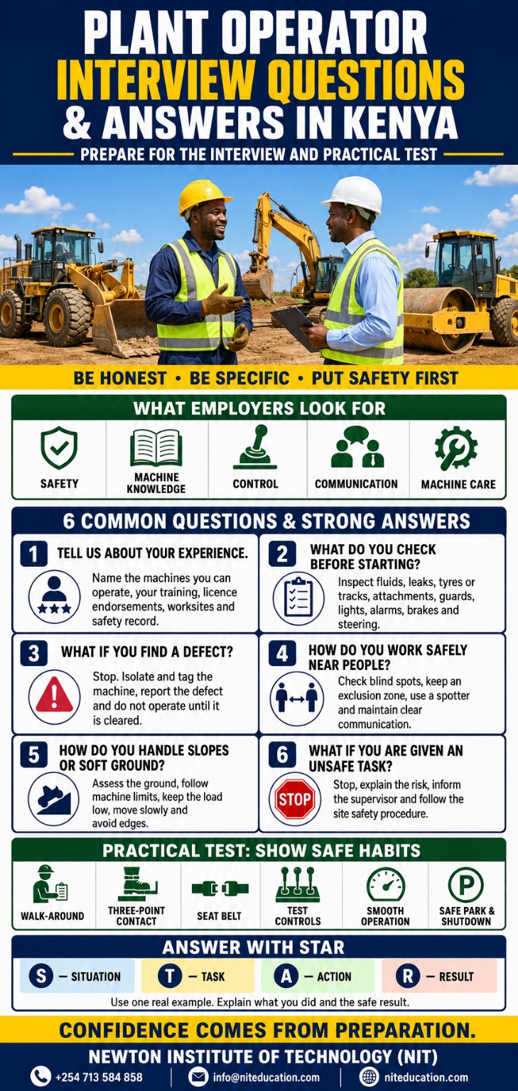 Plant Operator Interview Questions and Answers in Kenya infographic showing employer expectations, six common interview questions, practical test habits and STAR answering method