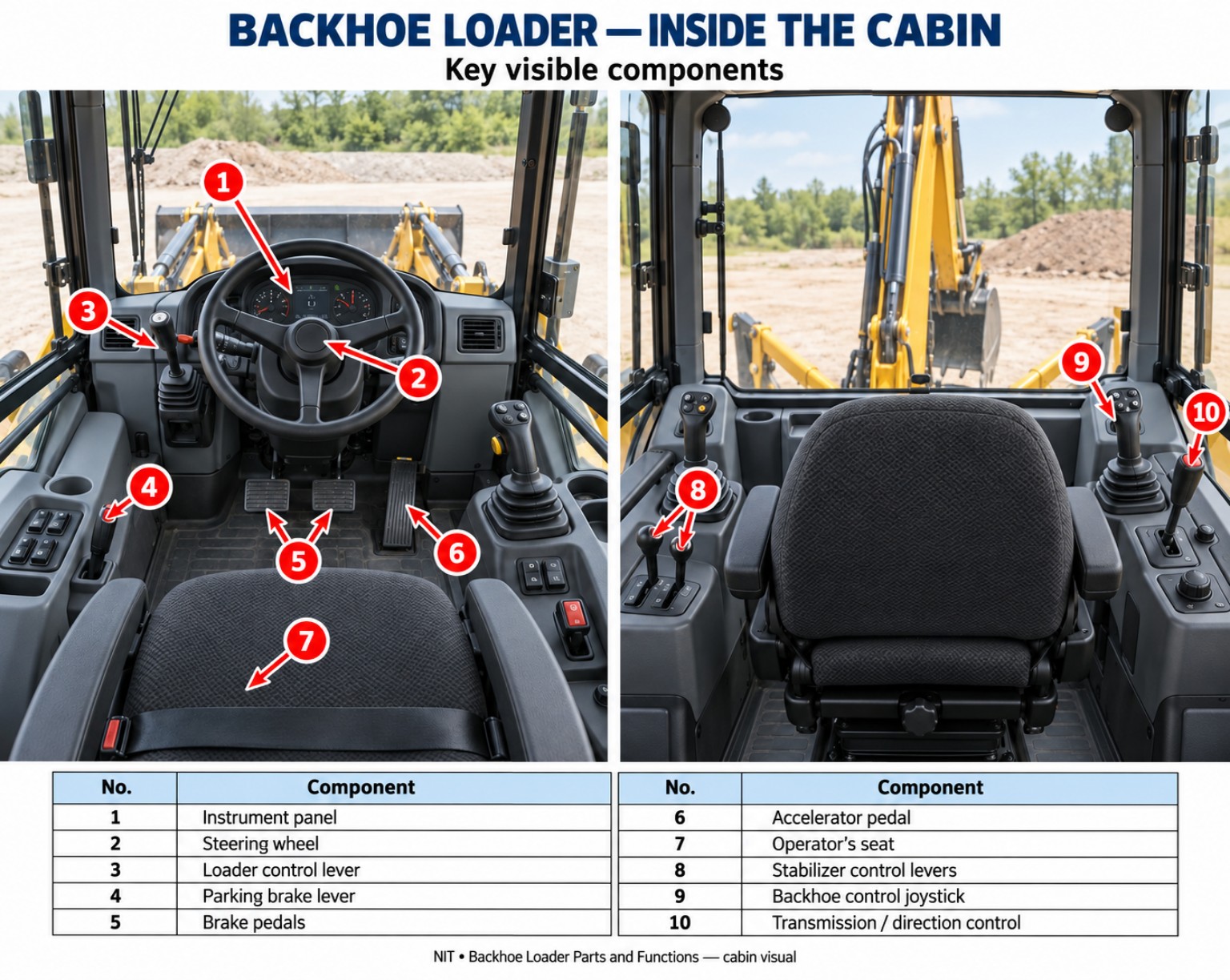 Backhoe loader cabin infographic with numbered controls and a key table