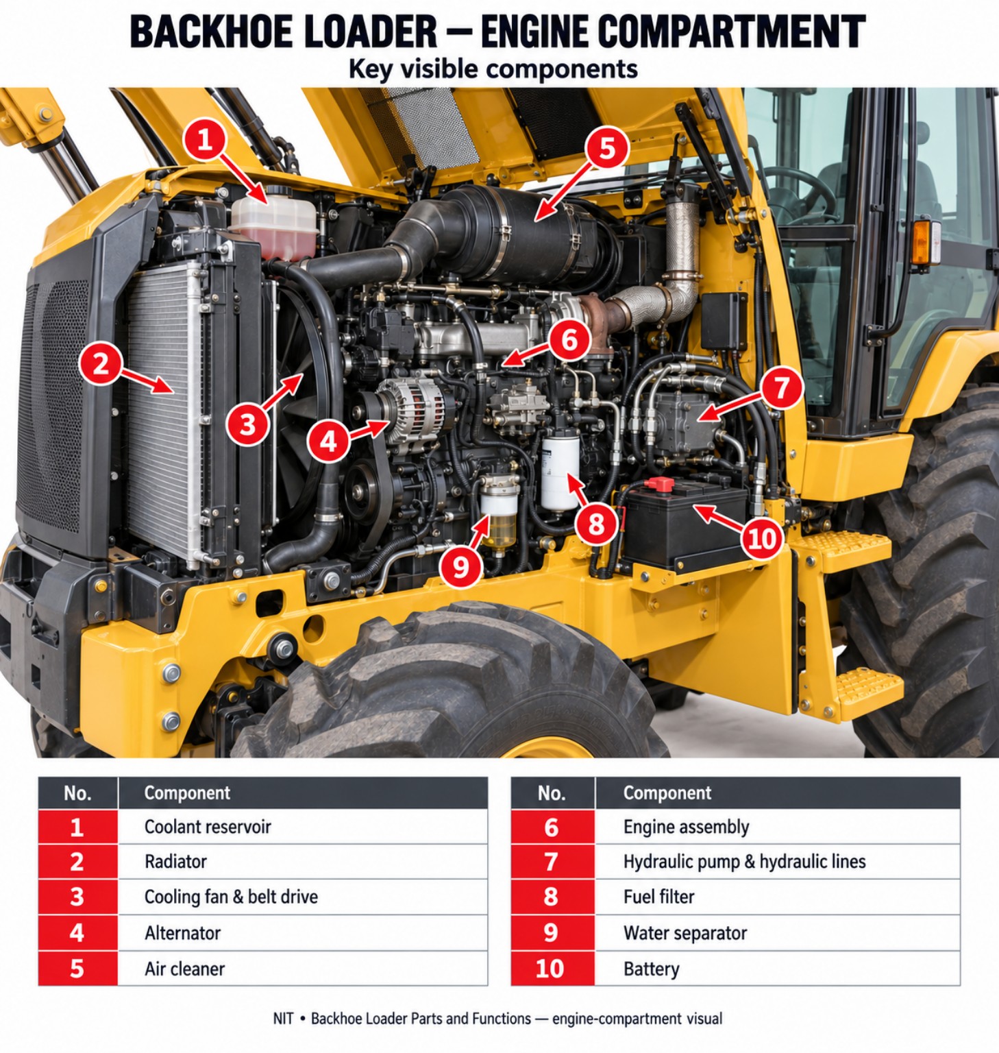 Backhoe loader engine compartment infographic identifying coolant reservoir, radiator, air cleaner, engine, hydraulic pump and lines, fuel filter, water separator and battery