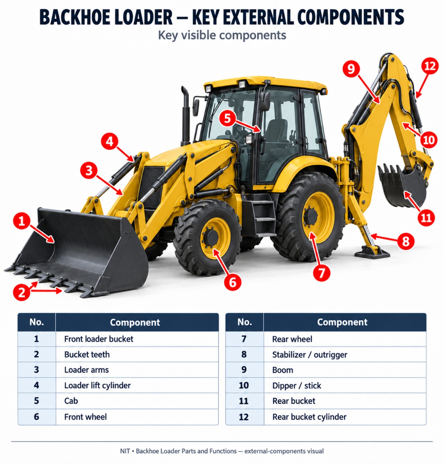 Backhoe loader key external components with labelled loader arms, bucket, boom, dipper, stabilizer and wheels
