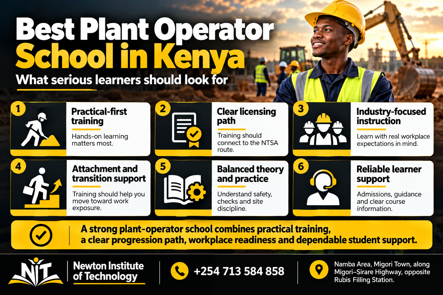 Best plant operator school in Kenya infographic showing practical training, licensing pathway, industry-focused instruction, attachment support, theory and practice balance, and learner support