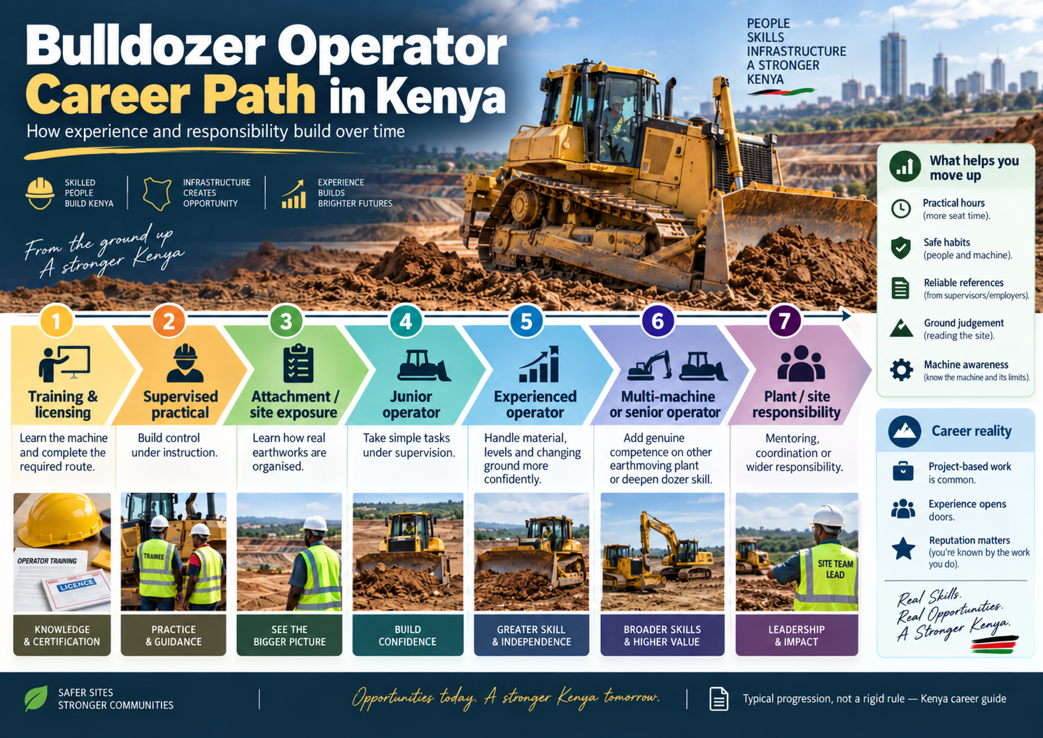 Bulldozer Operator Career Path in Kenya infographic from training and supervised practice to experienced operator and wider plant or site responsibility