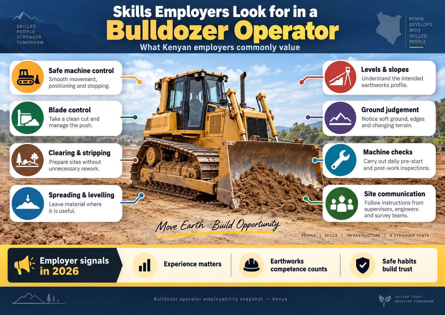 Skills employers look for in a bulldozer operator infographic covering machine control, blade control, levels, ground judgement, checks and communication