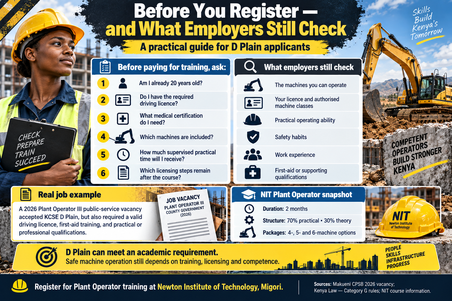 Checklist for D Plain plant operator applicants showing registration checks, employer checks and NIT training information
