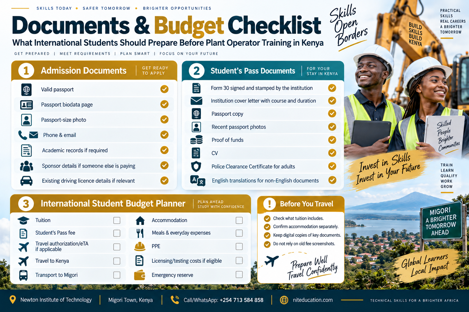 Documents and budget checklist for international students preparing for plant operator training in Kenya