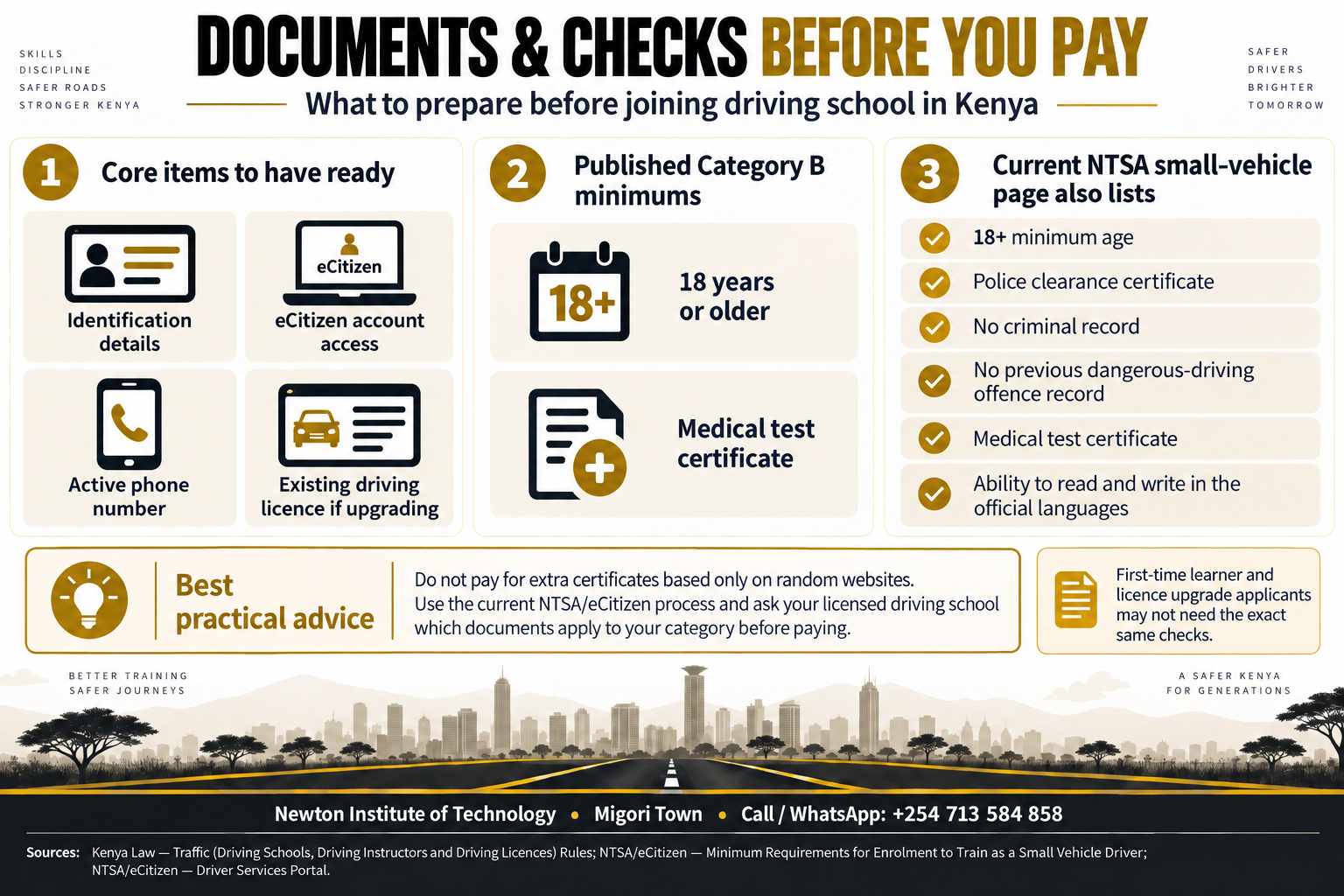 Documents and checks before joining driving school in Kenya infographic comparing core items, Category B published minimums and the current NTSA small-vehicle requirements