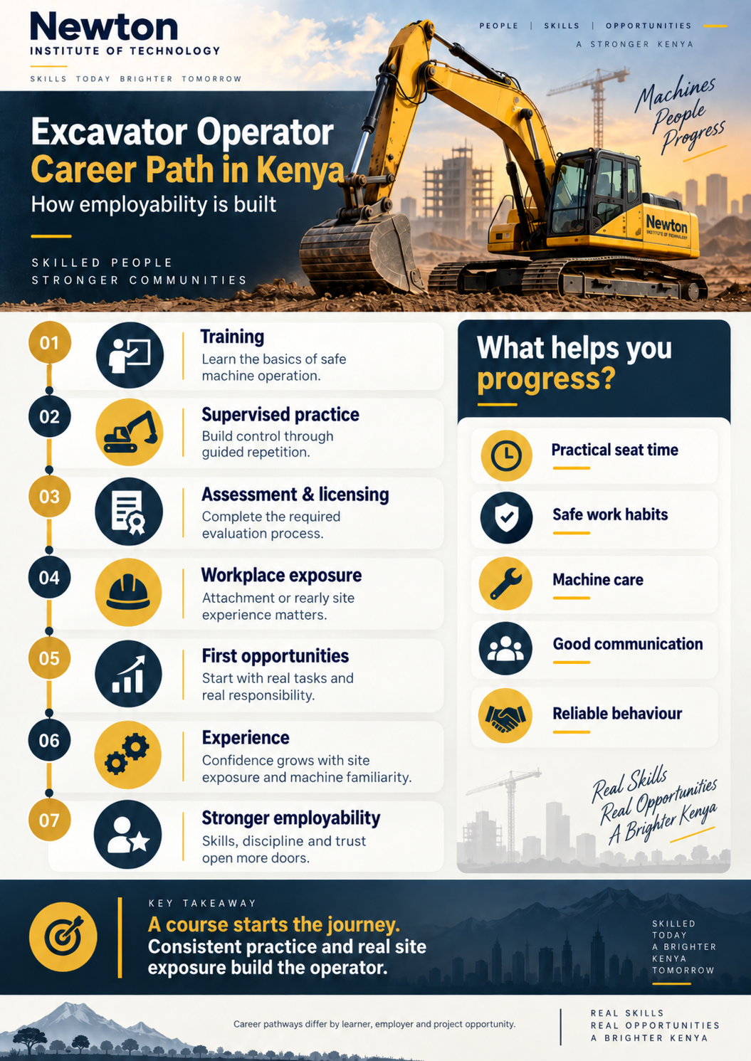 Infographic showing the excavator operator career path in Kenya from training and supervised practice to assessment, licensing, workplace exposure, experience and stronger employability