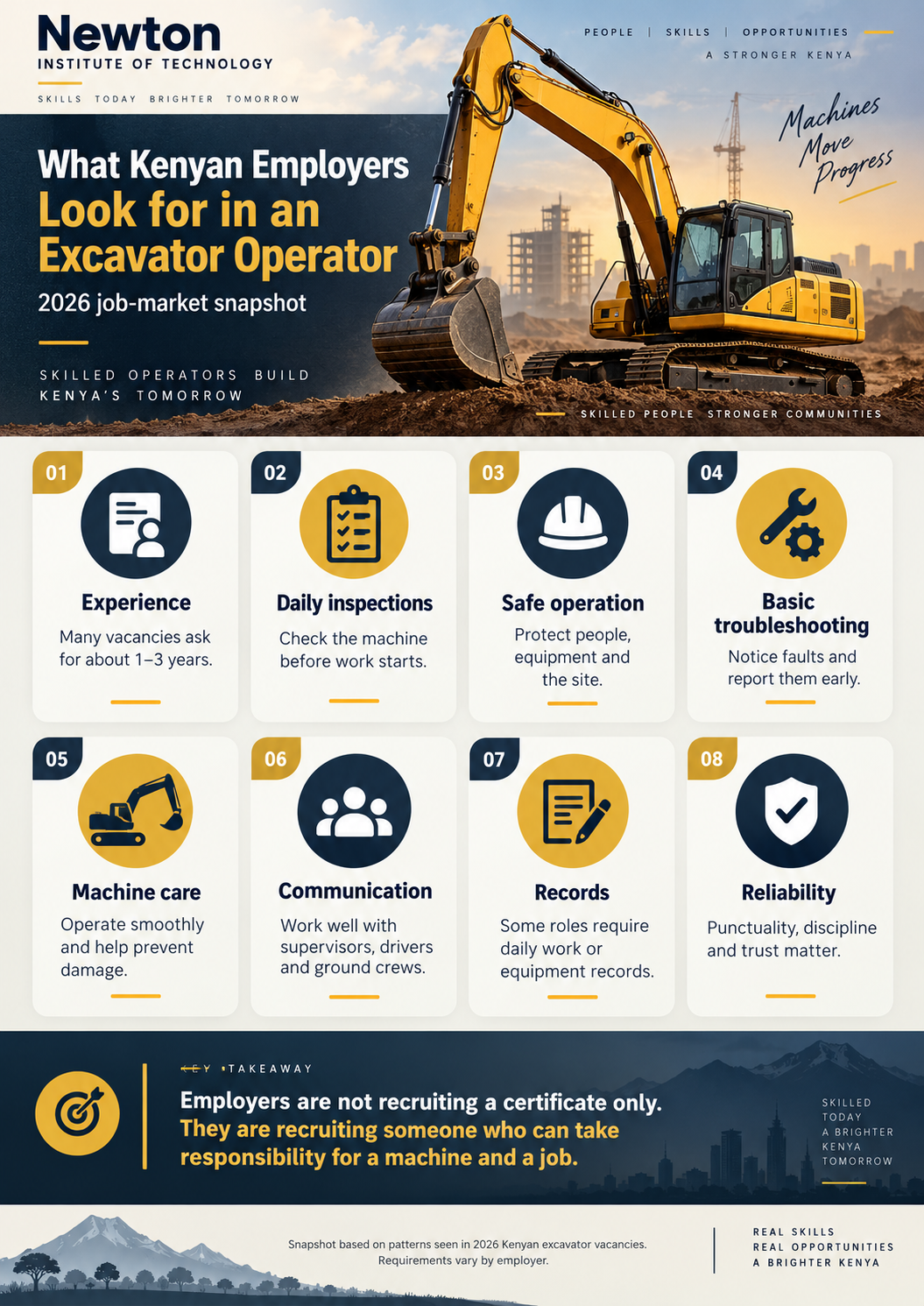 Infographic showing what Kenyan employers look for in an excavator operator, including experience, daily inspections, safe operation, basic troubleshooting, machine care, communication, records and reliability