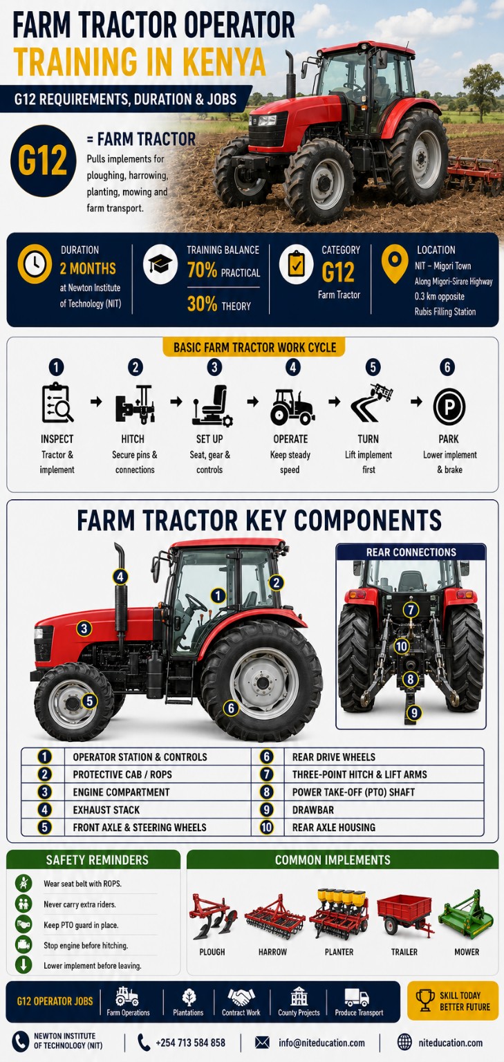 Farm tractor operator training in Kenya infographic showing G12, training balance, basic work cycle, key components, safety reminders, common implements and operator jobs