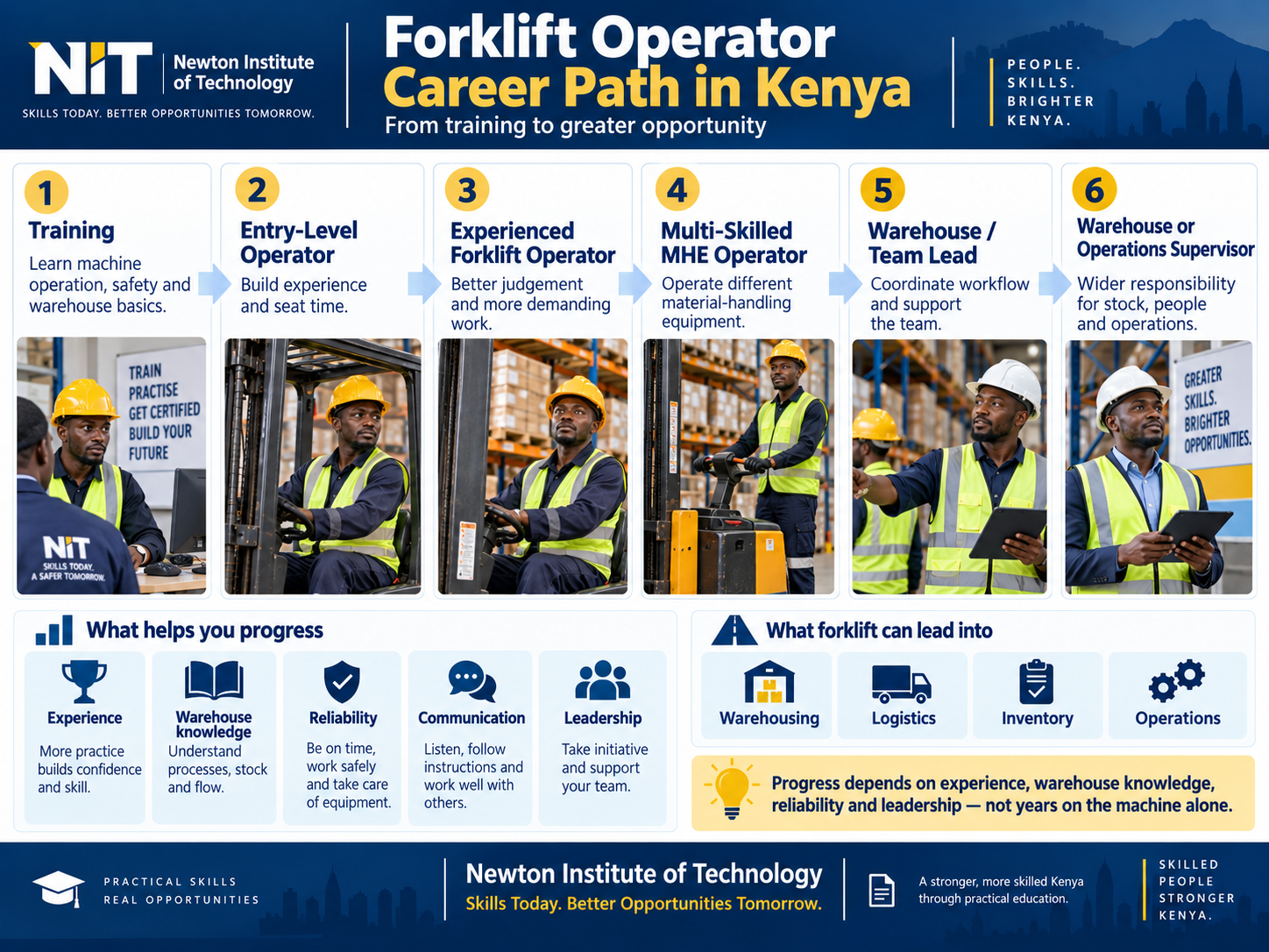 Forklift operator career path in Kenya infographic from training and entry-level operation to broader warehouse and operations roles