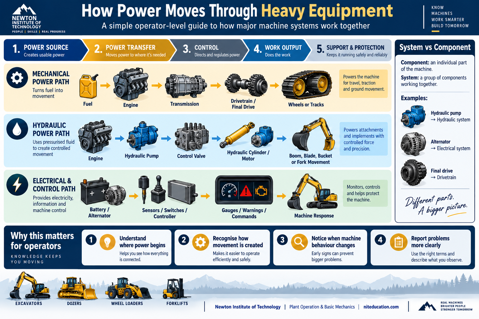 How power moves through heavy equipment infographic showing mechanical, hydraulic, electrical and control power paths