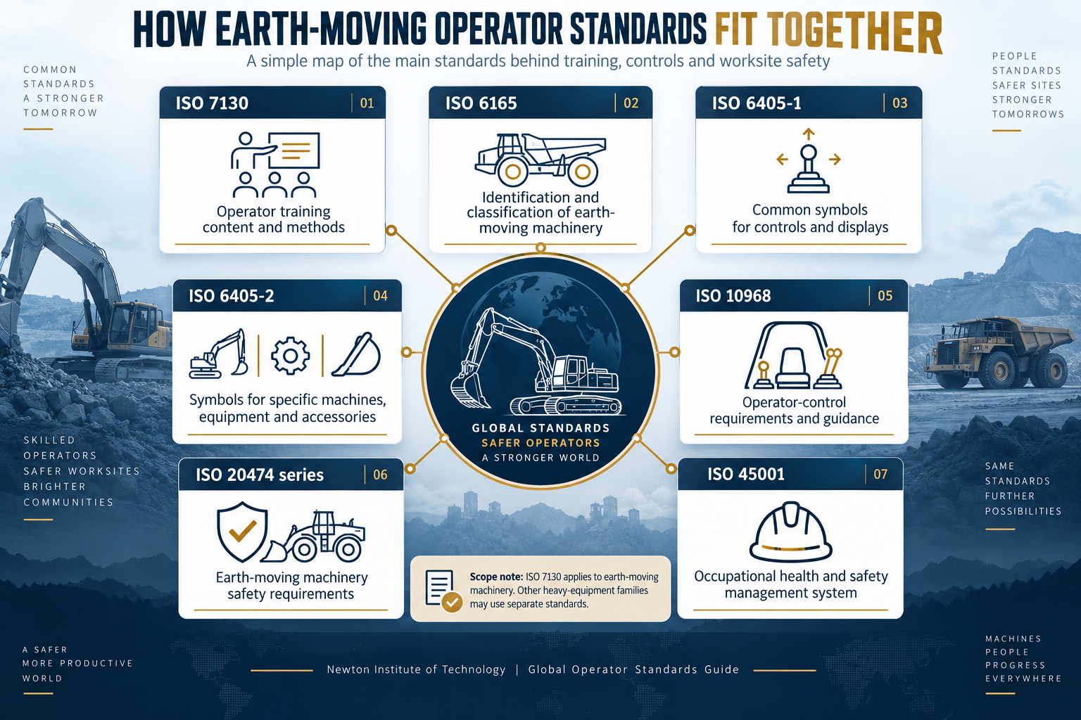 How earth-moving operator standards fit together, showing ISO 7130, ISO 6165, ISO 6405-1, ISO 6405-2, ISO 10968, ISO 20474 and ISO 45001