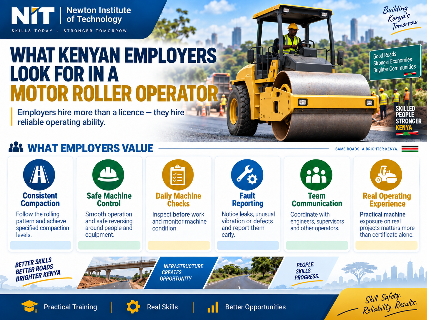 Infographic showing what Kenyan employers look for in a motor roller operator including compaction, safety, checks, fault reporting, teamwork and real experience