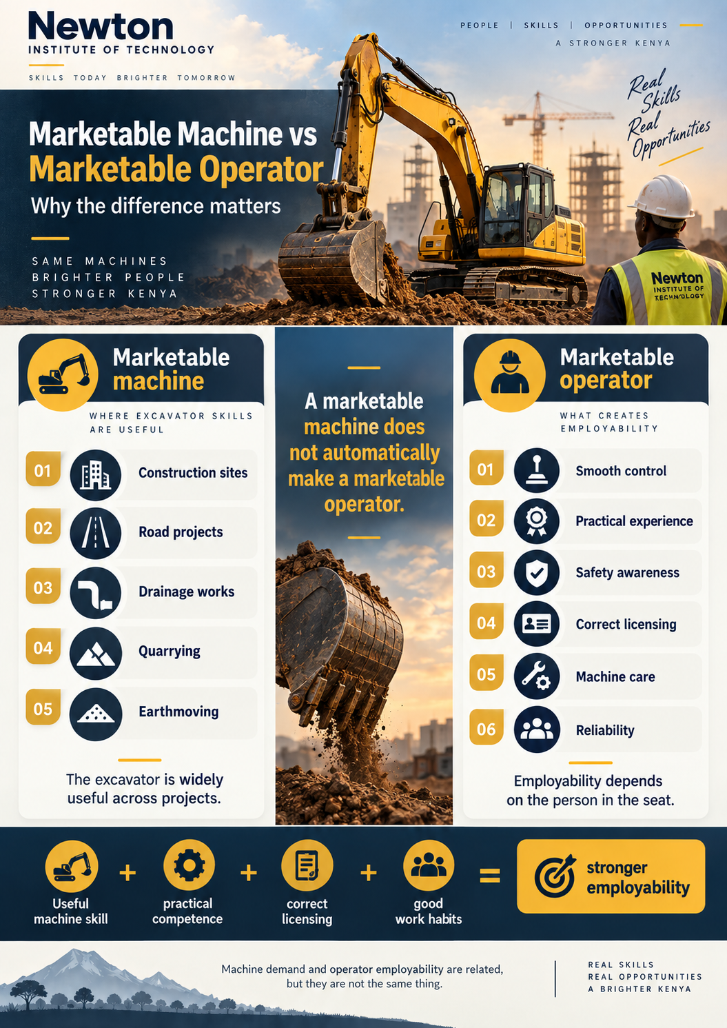 Infographic comparing a marketable excavator machine with the practical competence, licensing, safety, machine care and reliability that make an excavator operator more employable