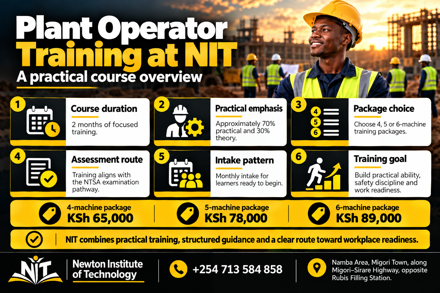 Newton Institute of Technology plant operator training overview infographic showing two-month duration, practical emphasis, package choices, assessment route, monthly intake and current fees