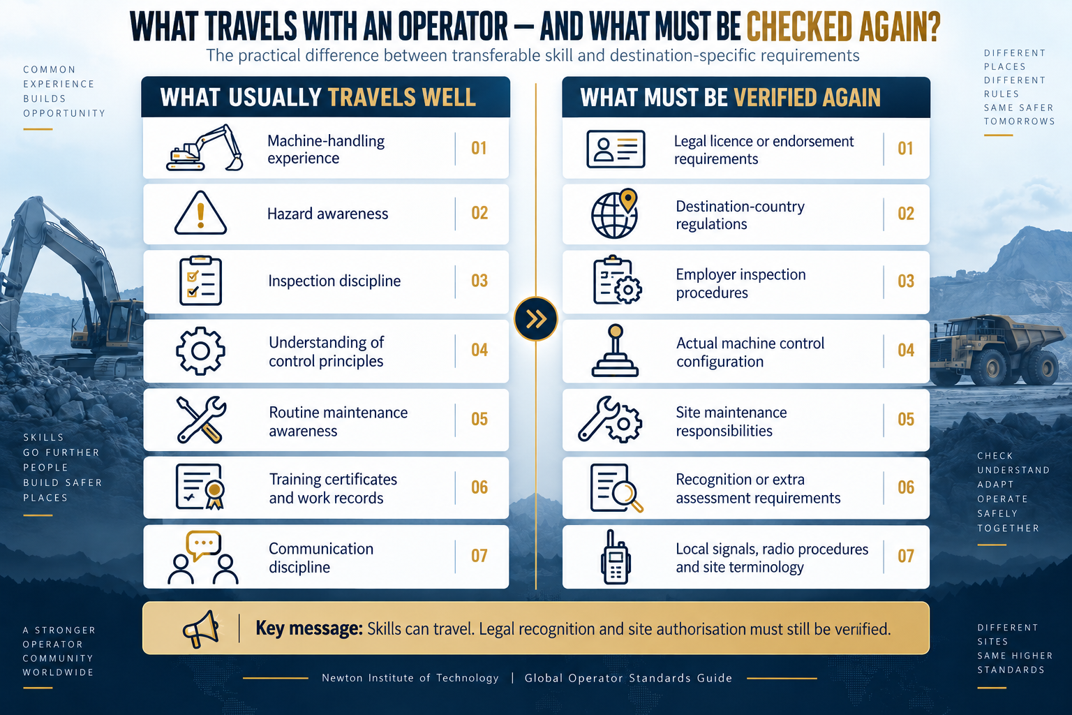 What travels with a heavy equipment operator and what must be checked again at a new worksite