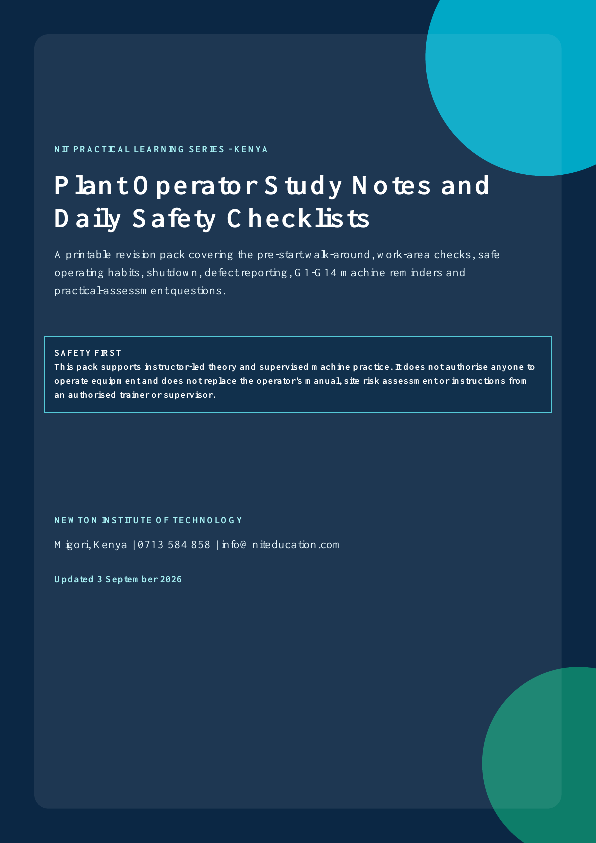 Preview of the Plant Operator Study Notes and Daily Safety Checklists for Kenya