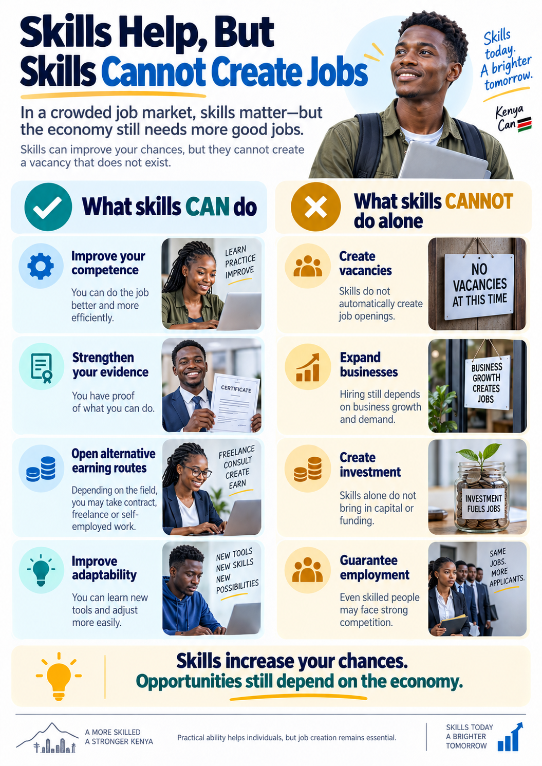Infographic comparing what skills can improve for a job seeker with what skills cannot do alone, including creating vacancies or guaranteeing employment