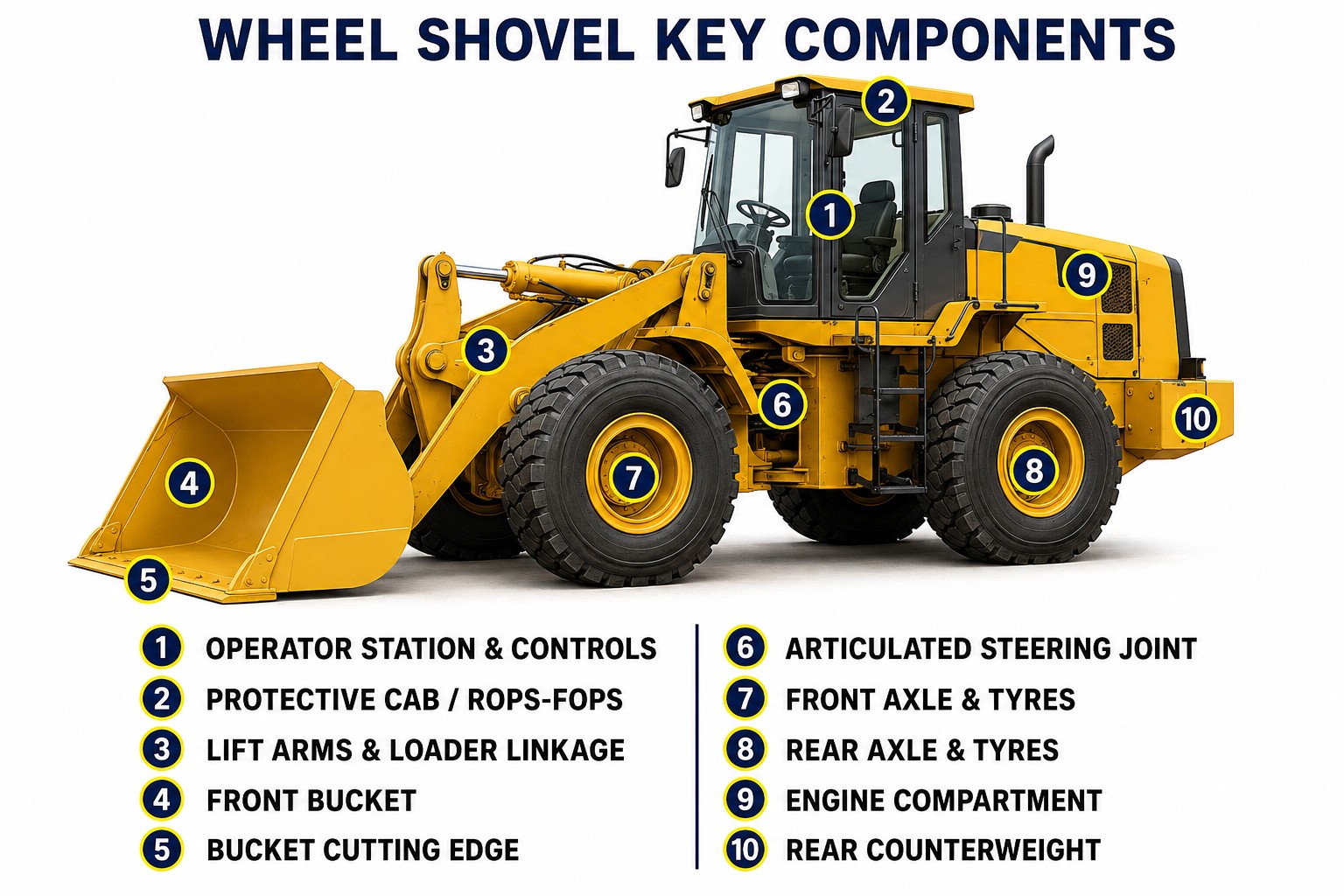 Wheel shovel key components showing operator station, protective cab, lift arms, bucket, cutting edge, articulated steering joint, axles, tyres, engine compartment and rear counterweight