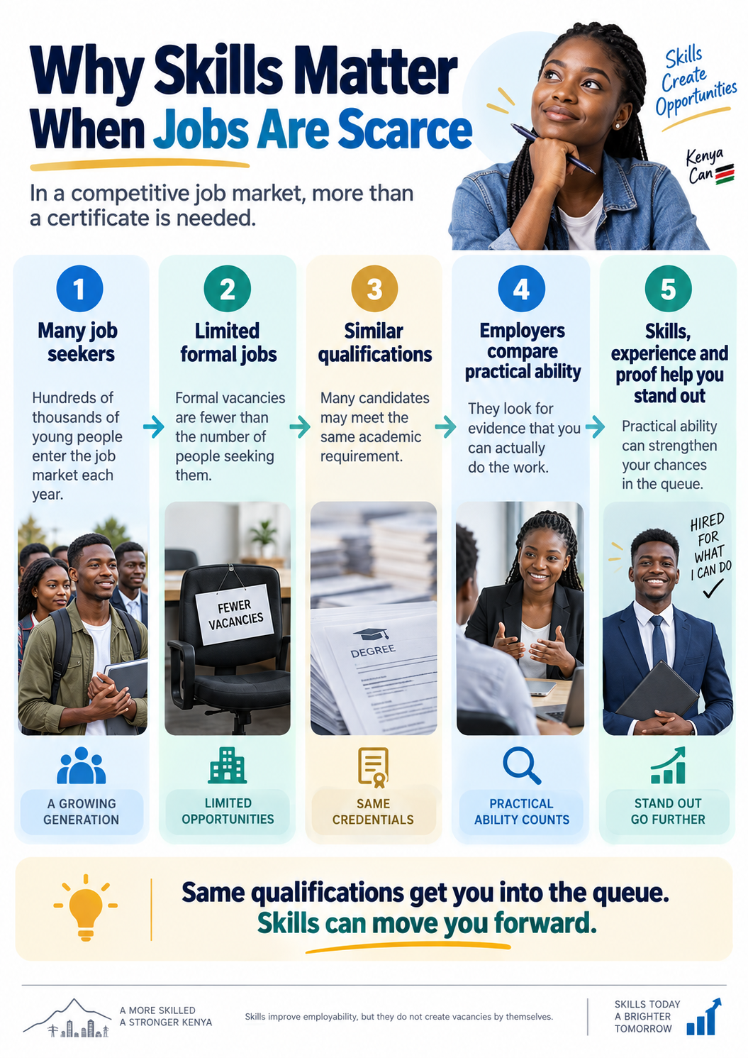 Infographic explaining why practical skills, experience and proof help candidates stand out when many job seekers compete for limited formal jobs in Kenya