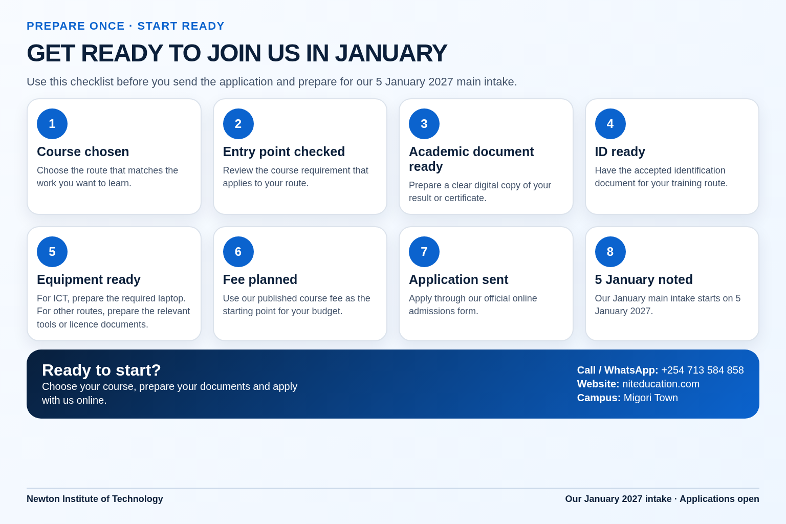 Our January 2027 preparation checklist for course choice, documents, fees, laptop or training equipment and the 5 January start