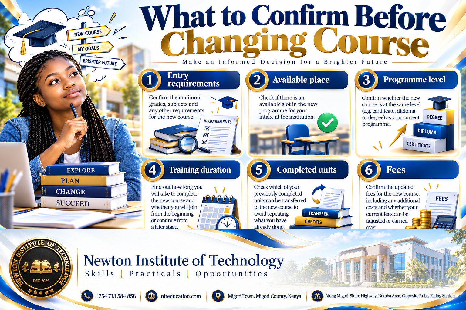 What to confirm before changing course: entry requirements, available place, programme level, training duration, completed units and fees.