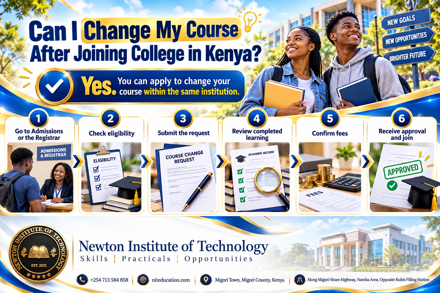 Six-step guide to changing course after joining college in Kenya: Admissions, eligibility, request, academic review, fees and approval.