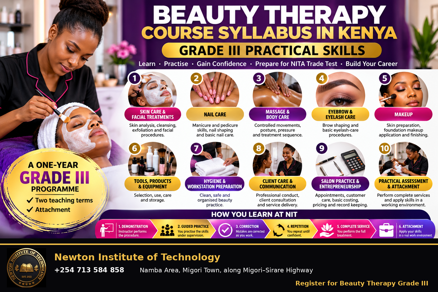 Beauty Therapy course syllabus in Kenya infographic showing Grade III practical skills at Newton Institute of Technology