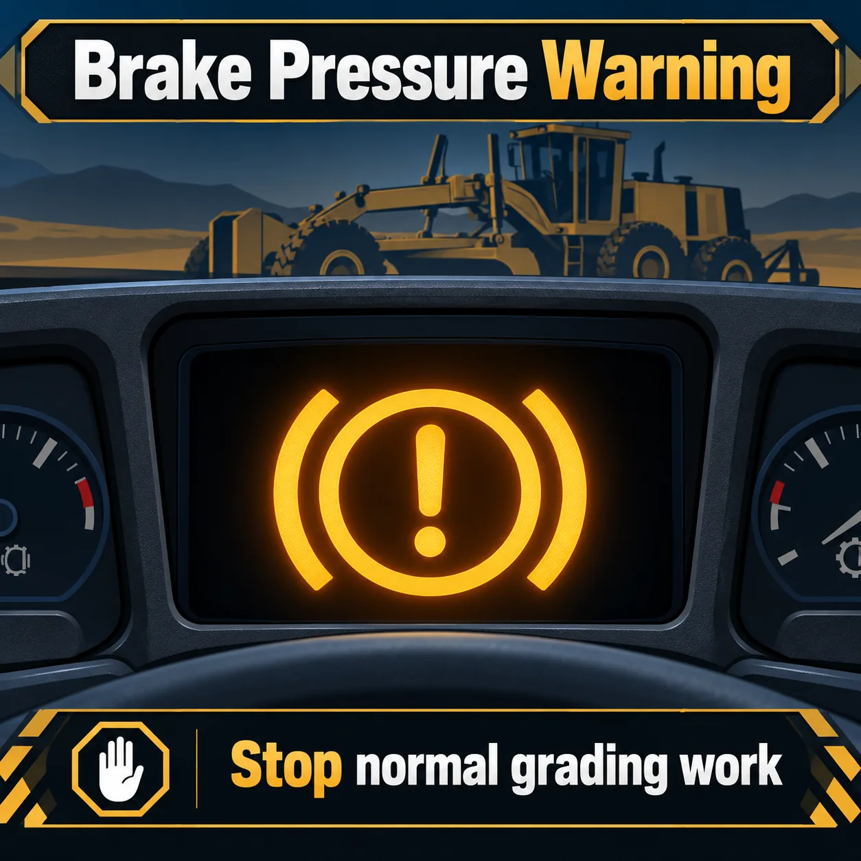 Illustrated motor grader dashboard brake pressure warning example