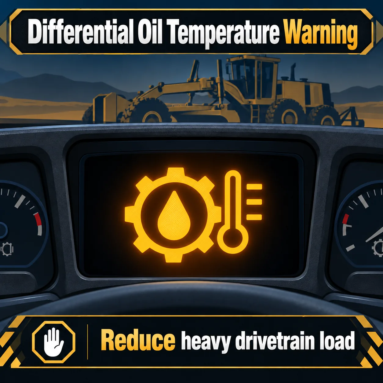 Illustrated motor grader differential oil temperature warning example