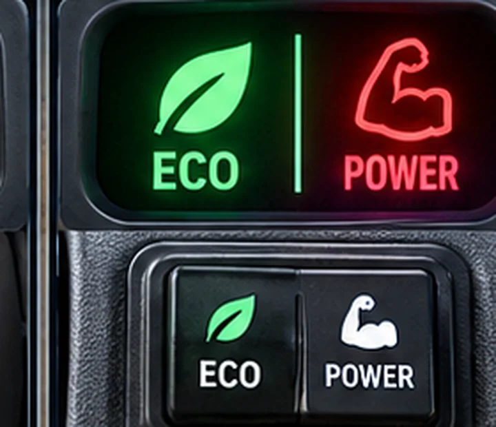 Motor grader dashboard economy / power mode indicator