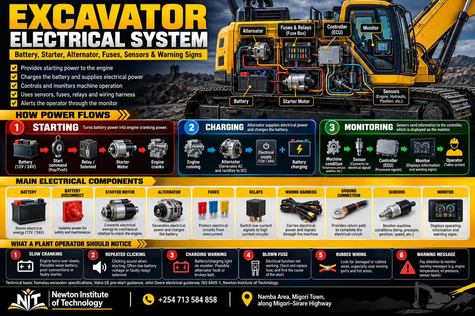 Excavator electrical system infographic showing battery, starter motor, alternator, fuses, relays, wiring, sensors, controller, monitor and the starting charging and monitoring paths