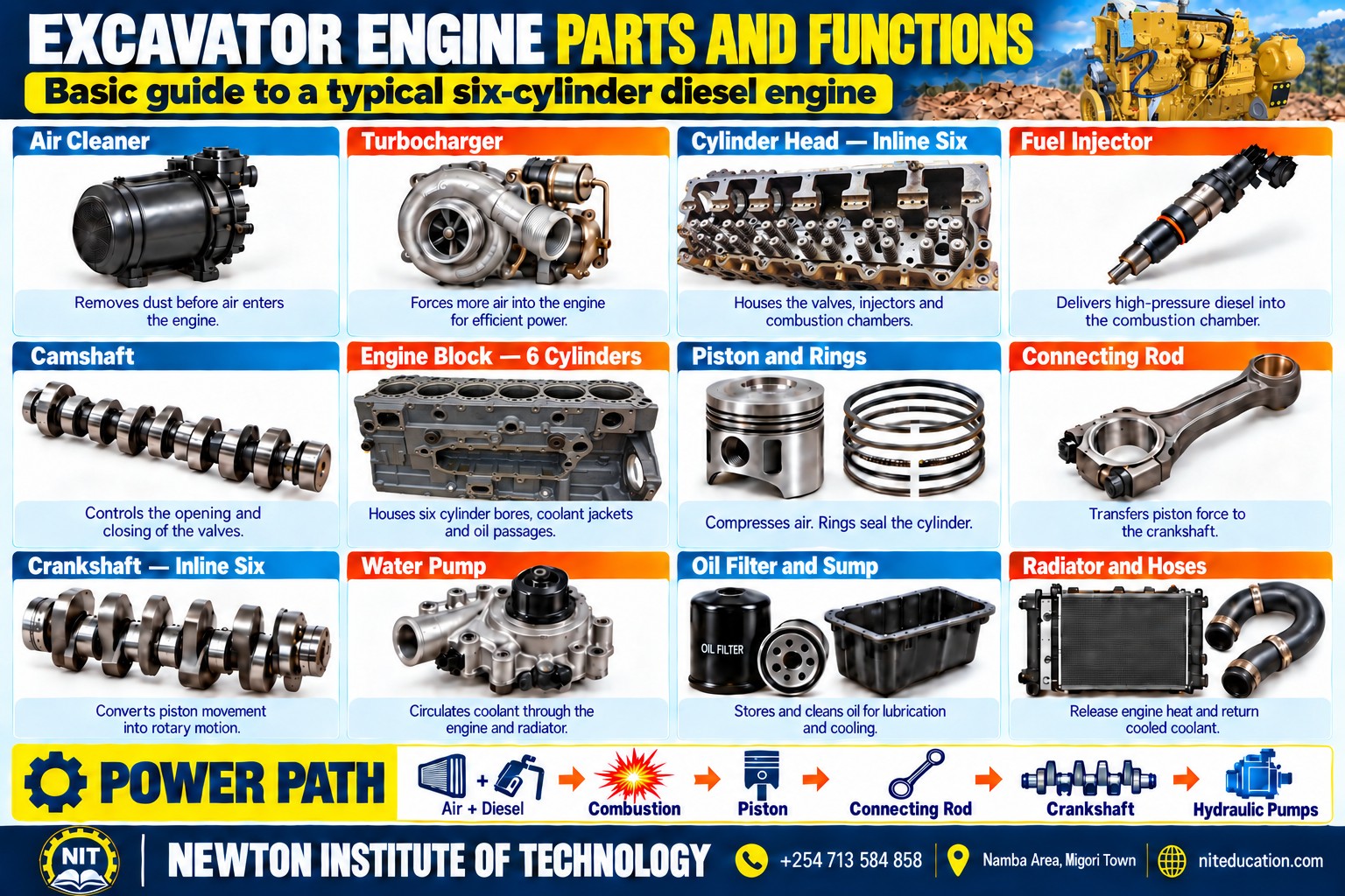 Excavator engine parts and functions infographic showing air cleaner, turbocharger, inline-six cylinder head, injector, camshaft, six-cylinder engine block, piston and rings, connecting rod, inline-six crankshaft, water pump, oil filter, sump, radiator and power path