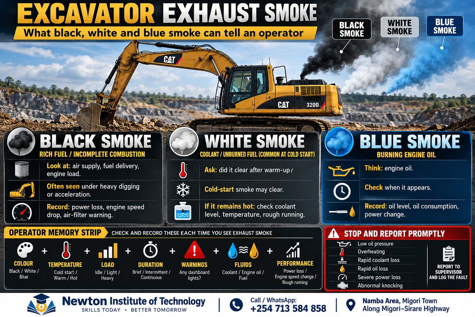 Excavator exhaust smoke guide comparing black, white and blue smoke, operator checks, seven-point memory strip and stop-and-report conditions